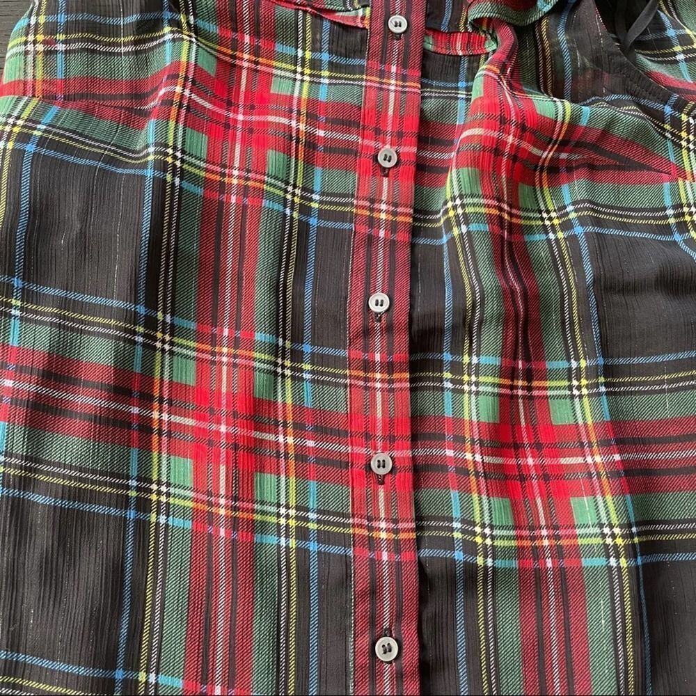 J.CREW Sleeveless Ruffle Collar Top Black Stewart Tartan Plaid Blouse XSMALL - Picture 7 of 9